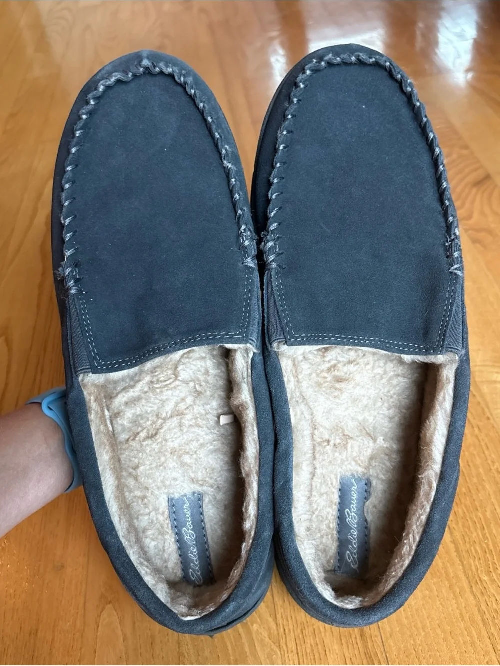 Eddie Bauer Mens Slippers Moccasins Dark Gray Suede Westhaven Faux Fur Sz XXL 13